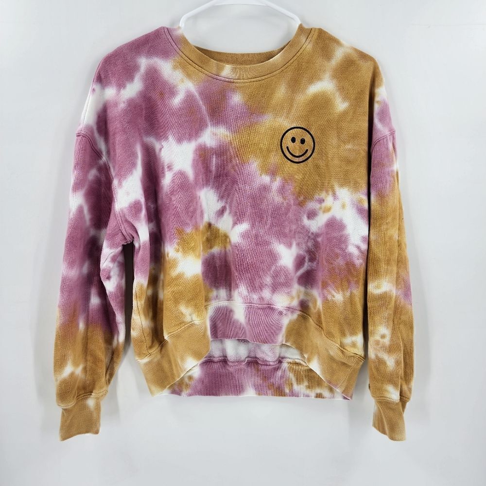 Rebellious one small sweatshirt crop top tie dye pink gold smiley face